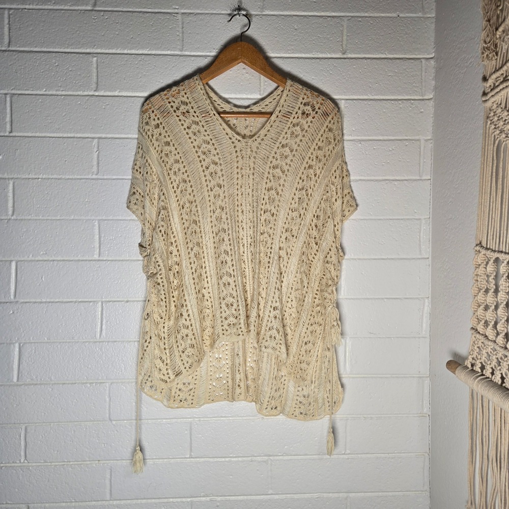 Bohemian Topper Swim Coverup Womens Poncho Crochet Knit Tassel Cream Boho Granny